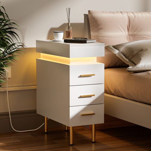 Bedside Table with 3 Drawers Bedside Cabinet with Charging Station Push & Pull Top Bed Side Table for Bedroom
