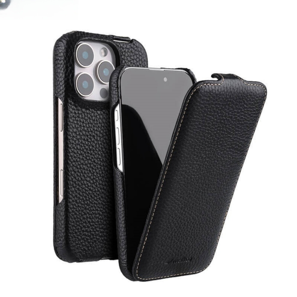 Melkco Compatible For Iphone 16 Genuine Cow Leather+Pc Phone Case Vertical Flip Litchi Texture Protective Cover 9450876678796