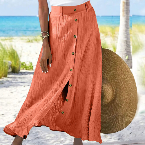 Womens Button Front Flowy Maxi Skirt A Line Skirts-orangered L 2