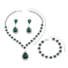 (Green) 3Pcs/Set Women Jewelry Set Waterdrop Shape Rhinestones Inlaid Necklace Dangle Earrings Adjustable