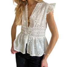 (M, White) Women's Trendy Floral Eyelet Tops Summer Flying Sleeve Deep V Neck Smocked Waist Party T-shirts