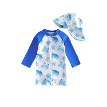 (18-24 Months, Multicolor) Little Boy Rash Guard Swimsuits Adorable Ocean Theme Print Long Sleeve Round Neck Jumpsuit and Hat Set for Pool Beach