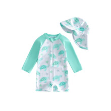 (12-18 Months, Green) Little Boy Rash Guard Swimsuits Adorable Ocean Theme Print Long Sleeve Round Neck Jumpsuit and Hat Set for Pool Beach