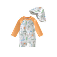 (12-18 Months, Orange) Little Boy Rash Guard Swimsuits Adorable Ocean Theme Print Long Sleeve Round Neck Jumpsuit and Hat Set for Pool Beach