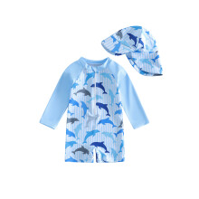 (6-12 Months, Sky Blue) Little Boy Rash Guard Swimsuits Adorable Ocean Theme Print Long Sleeve Round Neck Jumpsuit and Hat Set for Pool Beach