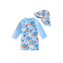 (12-18 Months, Blue) Little Boy Rash Guard Swimsuits Adorable Ocean Theme Print Long Sleeve Round Neck Jumpsuit and Hat Set for Pool Beach