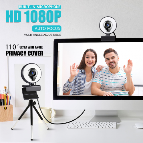 Κάμερα web 1080P με μικρόφωνο και δακτύλιο φωτισμού, ρυθμιζόμενη φωτεινότη 1