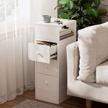 Narrow Bedside Table w/3 Drawers Wood Side Cabinet with Charging Station for Bedroom