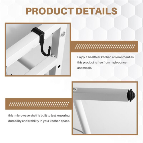 Microwave Shelf 3-Tier Extendable Worktop Shelves with 6 Hooks, Kitchen Shelf, Spice Rack White 1