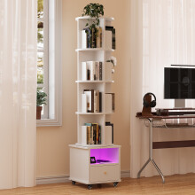 4 Layers Rotating Bookshelf Wooden Bookshelf with Wheels & Bluetooth LED Strip Bookcase with Single Drawer