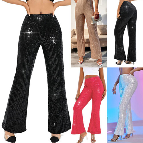 Women's Glitter Trousers Sequins Flared Pants For-White L 2