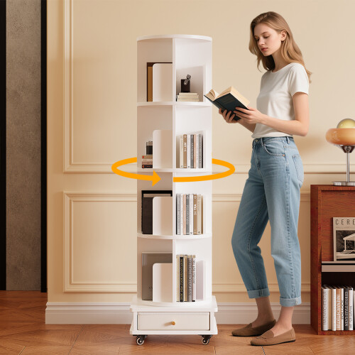 4 Layers Rotating Bookshelf Mobile Bookshelf with Single Drawer Rotatable Bookcase with Wheels for Study Room 2