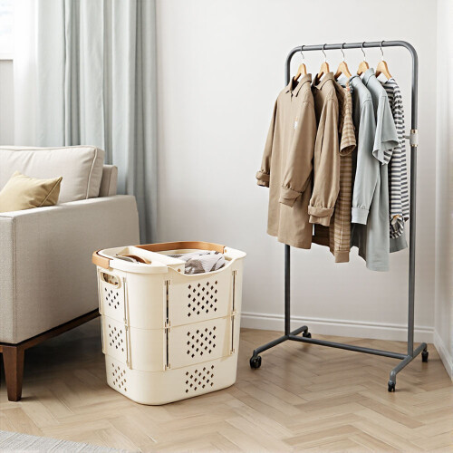 Living And Home Collapsible Portable Laundry Basket, Cream 1