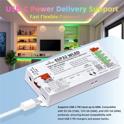 DOMRAEM 4-Channel LED Strip Controller ESP32 WLED Digital Controller PD5/12/20V DC5-24V Input 16A A 2