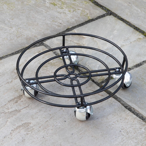 32cm Black Metal Garden Flower Plant Pot Trolley on Castor Wheels
