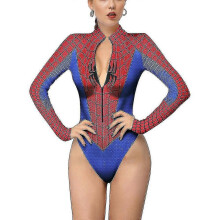 (S, Blue Red) Women Spiderman Skeleton Bone Frame Leotard Bodysuit Halloween Party Fancy Dress Cosplay Costume-