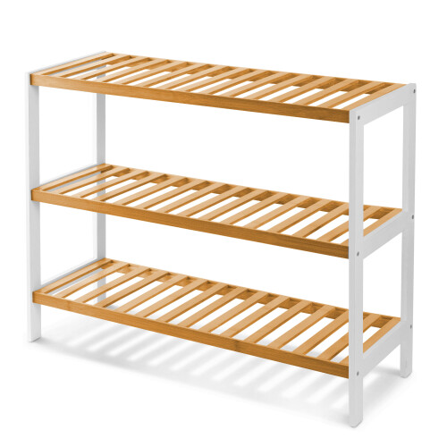 KEPLIN 3 Tier Natural & White Bamboo Shoe Rack Easy Assembly