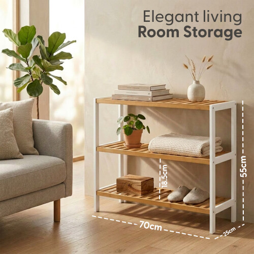 KEPLIN 3 Tier Natural & White Bamboo Shoe Rack Easy Assembly 1