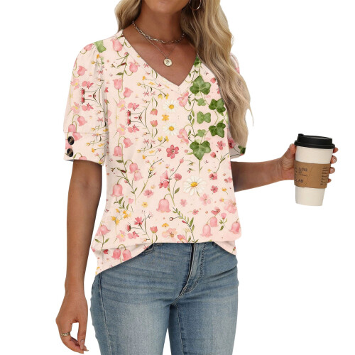 Women's  Short Sleeve Button-Down V-Neck Shirts rSets -Multi XL 2