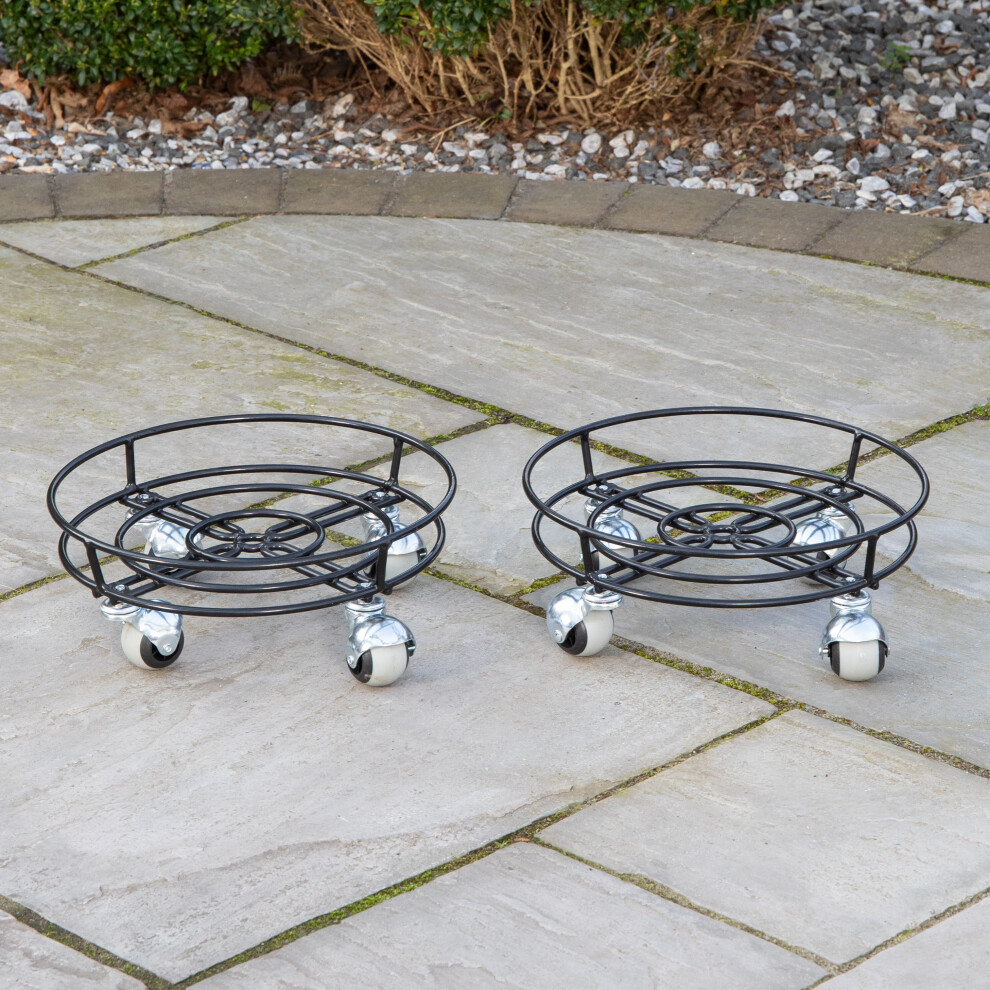Samuel Alexander 2 Pack Of 32Cm Black Metal Garden Flower Plant Pot Trolley On Castor Wheels