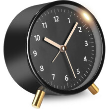 Silent Analog Alarm Clock, Small Black Table Clock without Ticking, Round Alarm Clock, Travel Alarm Clock with Night Light, Bedside Alarm Clock