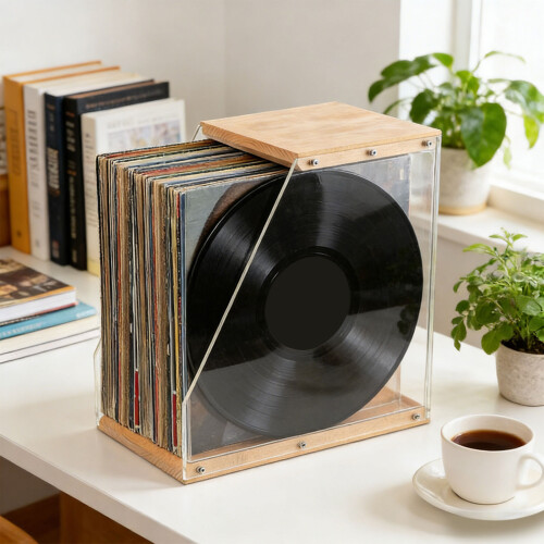 Wooden Record Storage Box With Acrylic Panel For Home 1