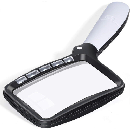 Rectangular reading magnifier with 5 LED lights, 2 intensity modes and 3x magnification for the elderly or those with poor eyesight, ideal for reading