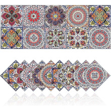 20pc 10x10cm Retro Tile Stickers Bathroom Kitchen Wall Tile Stickers DIY Waterproof Oilproof PVC Self-Adhesive Decoration Morocco Style Red Bohemian S
