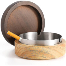 Wooden Ashtray with Lid for Smokers Stainless Steel Liner Ash Tray Windproof Durable Easy To Clean Cool Ashtrays for Indoor Or Outdoor Use, Patio, Off