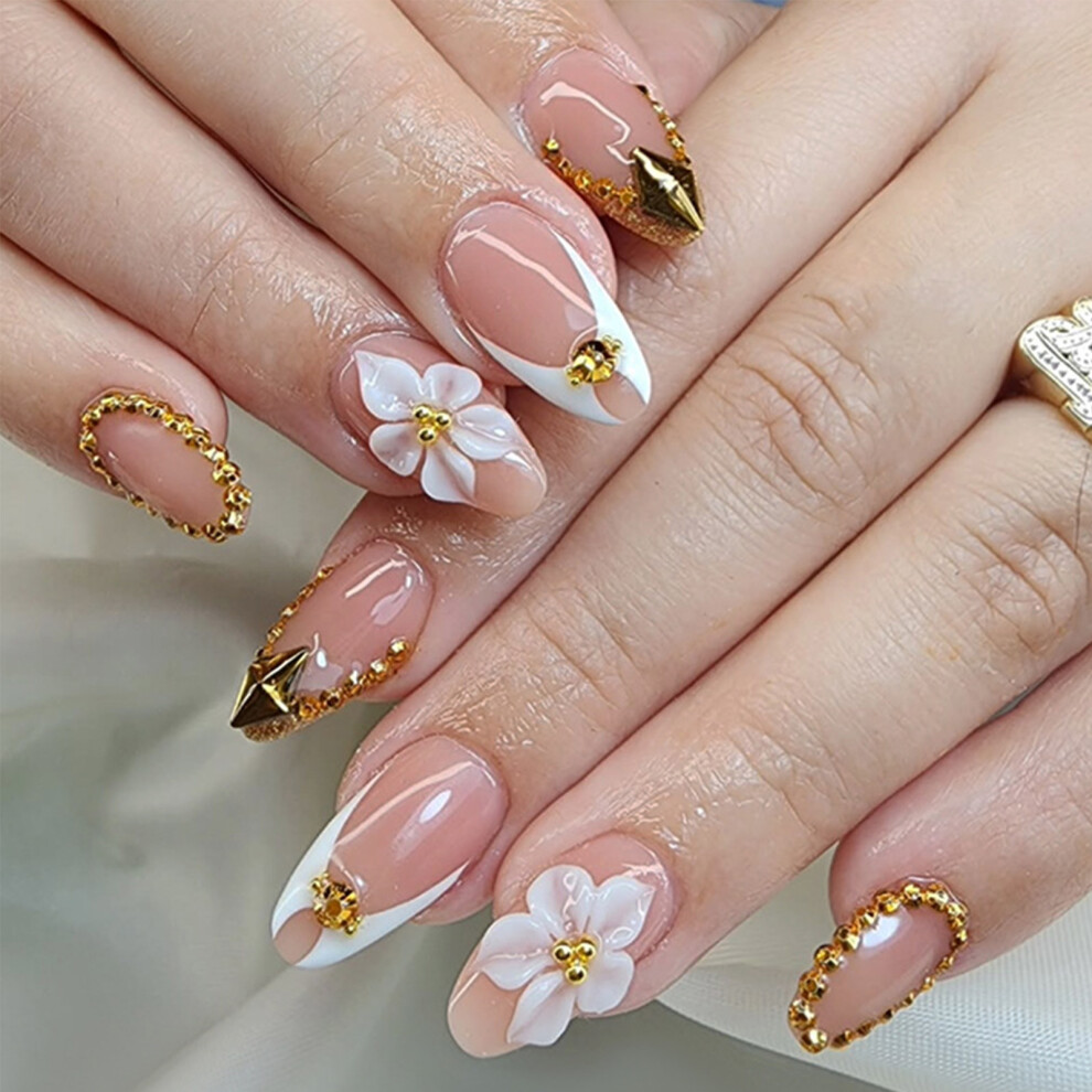 24 Pieces Short Almond Press On Nail Glossy Metallic Flower And