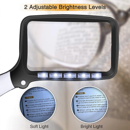 Rectangular reading magnifier with 5 LED lights, 2 intensity modes and 3x magnification for the elderly or those with poor eyesight, ideal for reading 1
