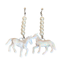Trendy White Horse Charm Necklace/Earrings With Pearls-earrings