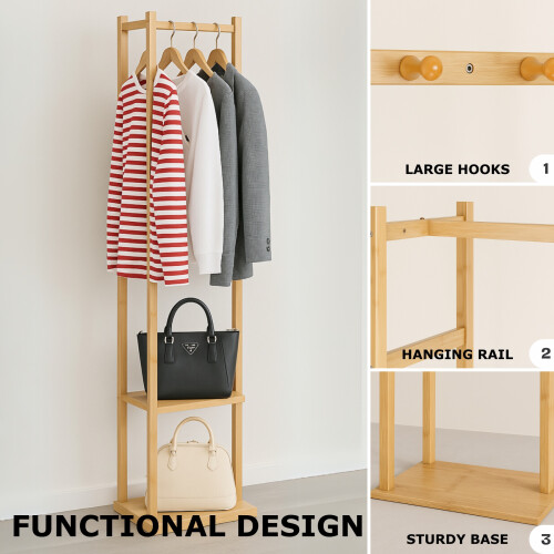 Narrow Bamboo Clothes Rail with 2 Shelves 2
