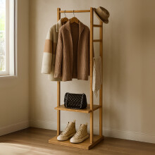 Narrow Bamboo Clothes Rail with 2 Shelves