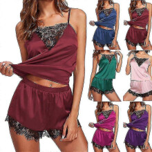 (XL, Black) Women Satin Silk Lace Lingerie Cami Vest Shorts Pyjamas Set Sleepwear-