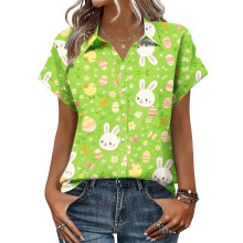 Women's Button-Down Shirts, Short Sleeve, V-Neck,-Turquoise M