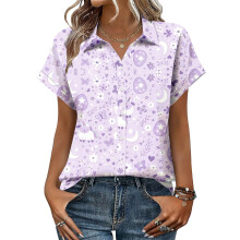 Women's Button-Down Shirts, Short Sleeve, V-Neck,-Purple M