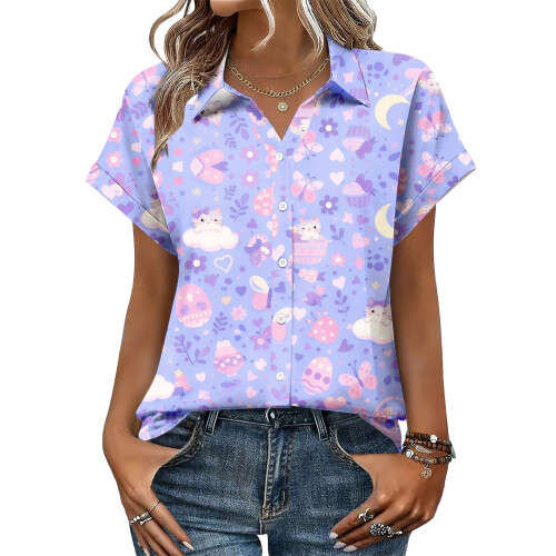 Women's Button-Down Shirts, Short Sleeve, V-Neck,-Lavender M