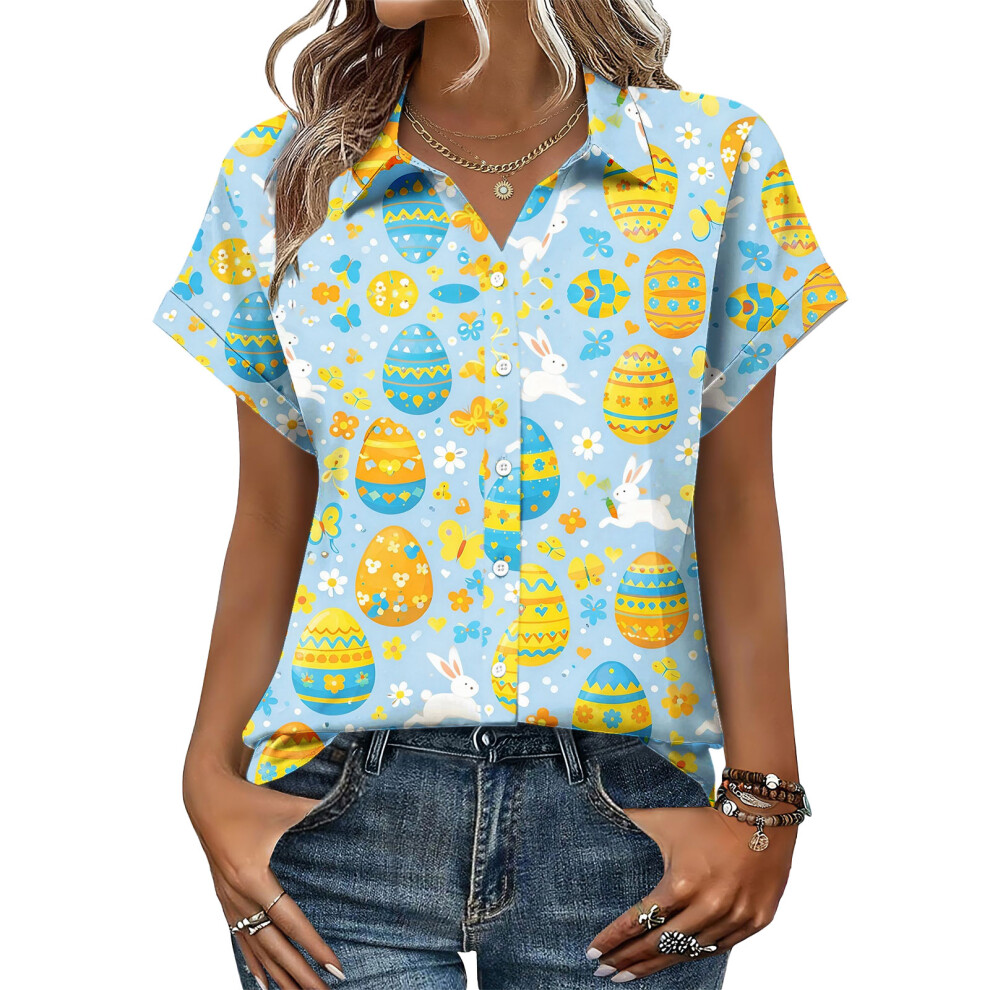 Yellow Women's Button-Down Shirts, Short Sleeve, V-Neck,- Xxl