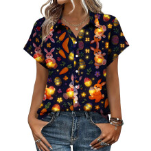 Women's Button-Down Shirts, Short Sleeve, V-Neck,-Black XXL