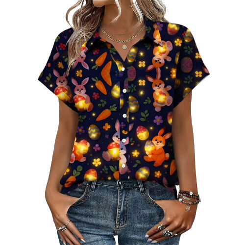 Women's Button-Down Shirts, Short Sleeve, V-Neck,-Black XXL