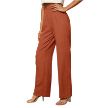 Linen Pants Women Wide Leg Drawstring Elastic Waist-Orange L
