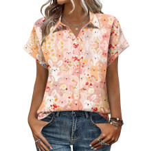 Women's Button-Down Shirts, Short Sleeve, V-Neck,-Orange M