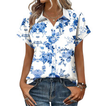 Women's V-neck short-sleeved shirt, casual-Sky Blue XL