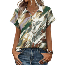 Women's V-neck short-sleeved shirt, casual positional-Beige XL