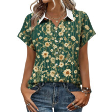 Women's V-neck short-sleeved shirt, casual positional-Green S