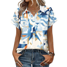 Women's V-neck short-sleeved shirt, casual positional-Blue L