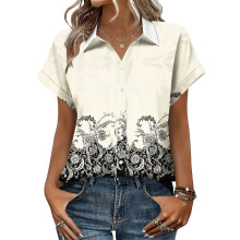 Women's V-neck short-sleeved shirt, casual positional-Beige L
