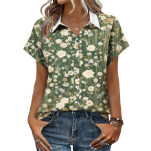 Women's V-neck short-sleeved shirt, casual positional-Green XL