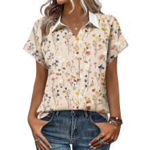 Women's V-neck short-sleeved shirt, casual positional-Khaki M